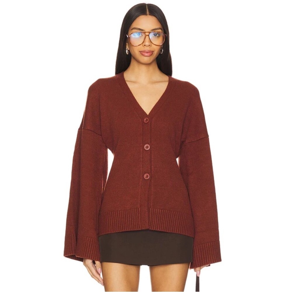 WeWoreWhat Cinched Waist Bell Sleeve Cardigan Sweater in Chestnut Brown size S